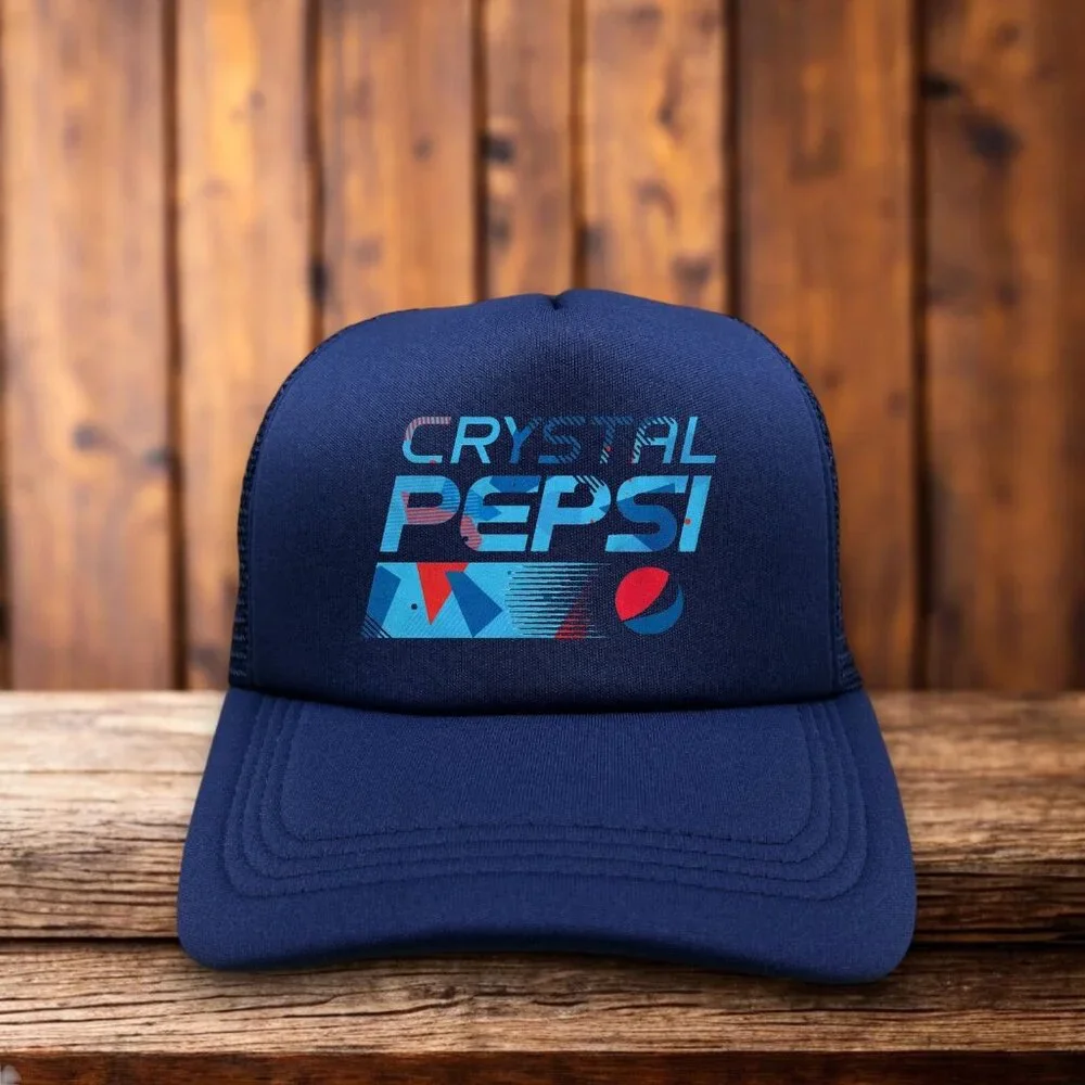 Crystal Pepsi Mens Trucker Hat Navy Retro 80s Soda Pop Vintage Drink Ball Cap